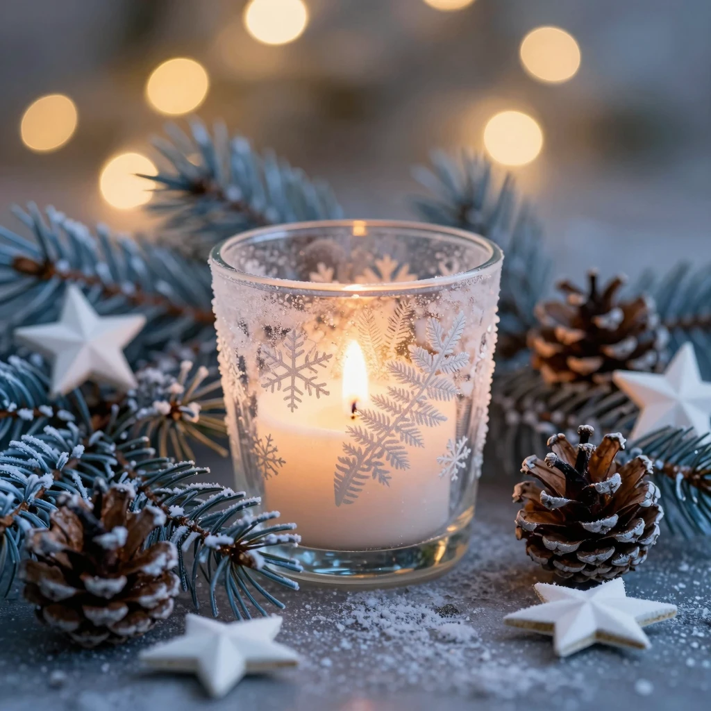 Cozy Winter Still Life: Candlelit Snowflake Serenity Cozy Winter Still Life: Candlelit Snowflake Serenity