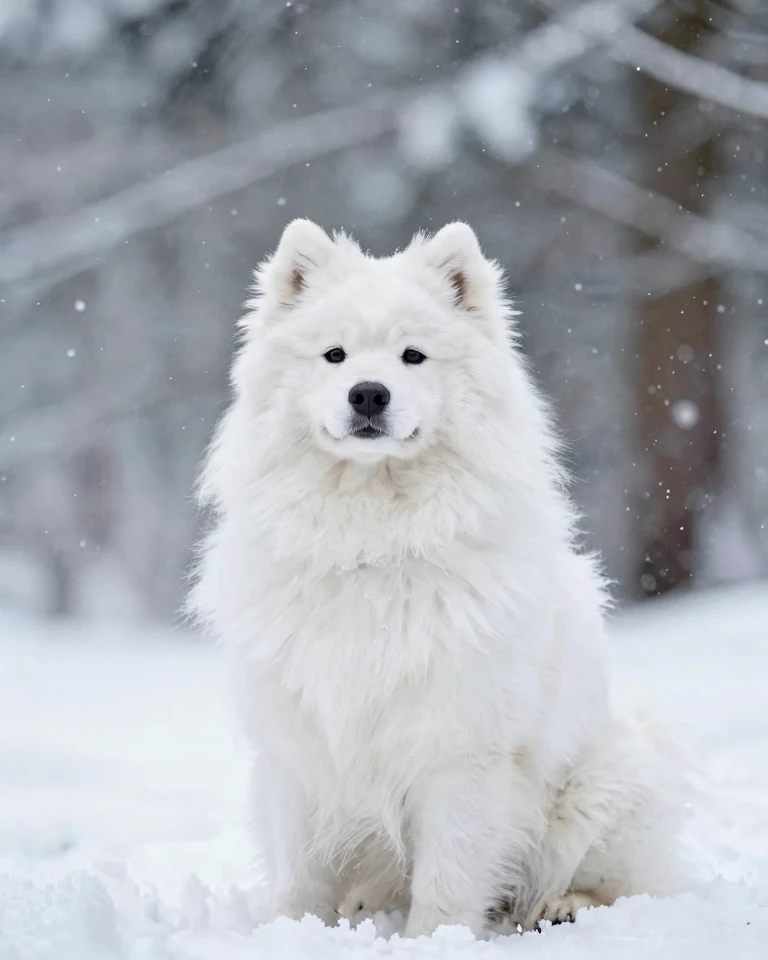 Samoyed Dog in Snow: Photorealistic Winter Portrait