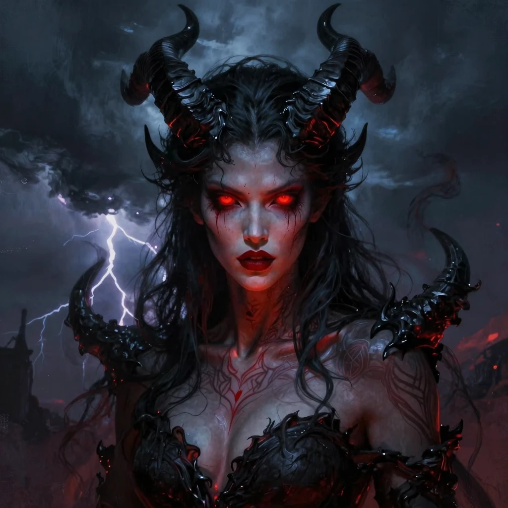 Dark Fantasy Demoness Portrait: Dramatic Horned Figure