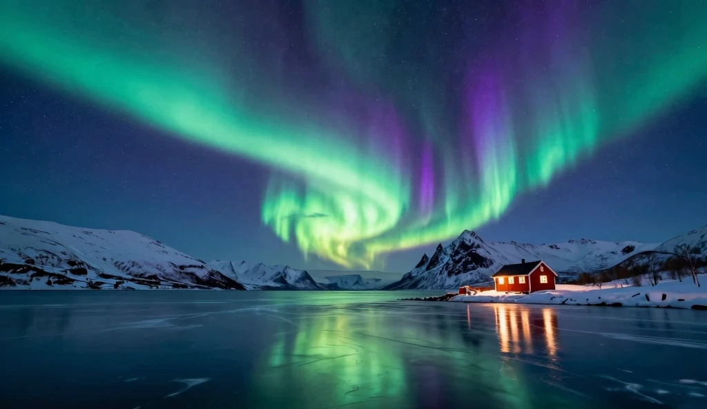 Aurora Borealis Reflections: Magical Night Sky Over Frozen Lake