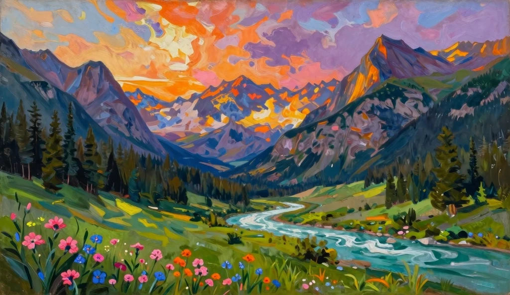 Turquoise River Mountain Valley Landscape Painting