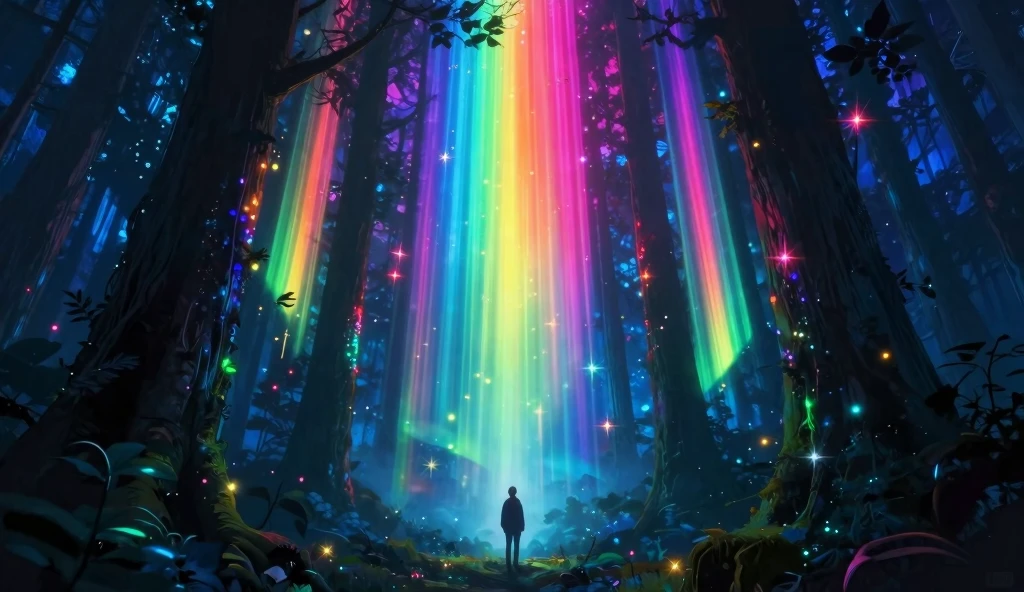 Enchanted Realms: Vibrant Rainbow Light Beams Illuminate a Mystical Forest