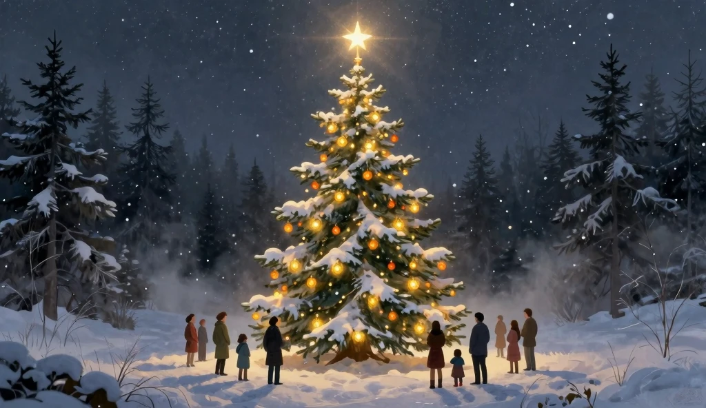 Magical Winter Christmas Scene: Illuminated Snowy Evergreen Tree