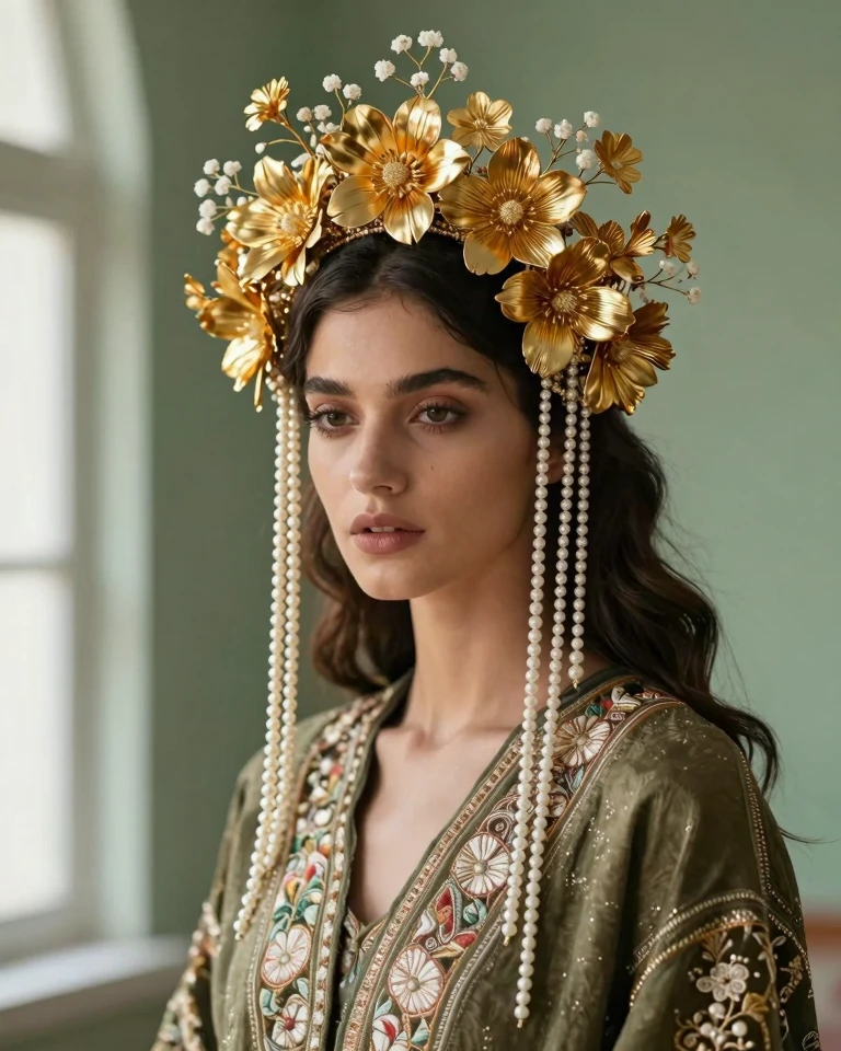 Golden Headdress Fashion Portrait: Ethereal Beauty in Fine Art Photography