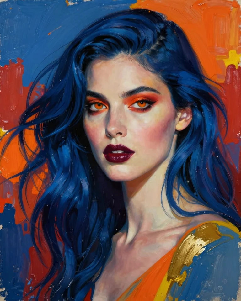 Vibrant Portrait of a Woman with Dramatic Hair and Intense Eyes Vibrant Portrait of a Woman with Dramatic Hair and Intense Eyes