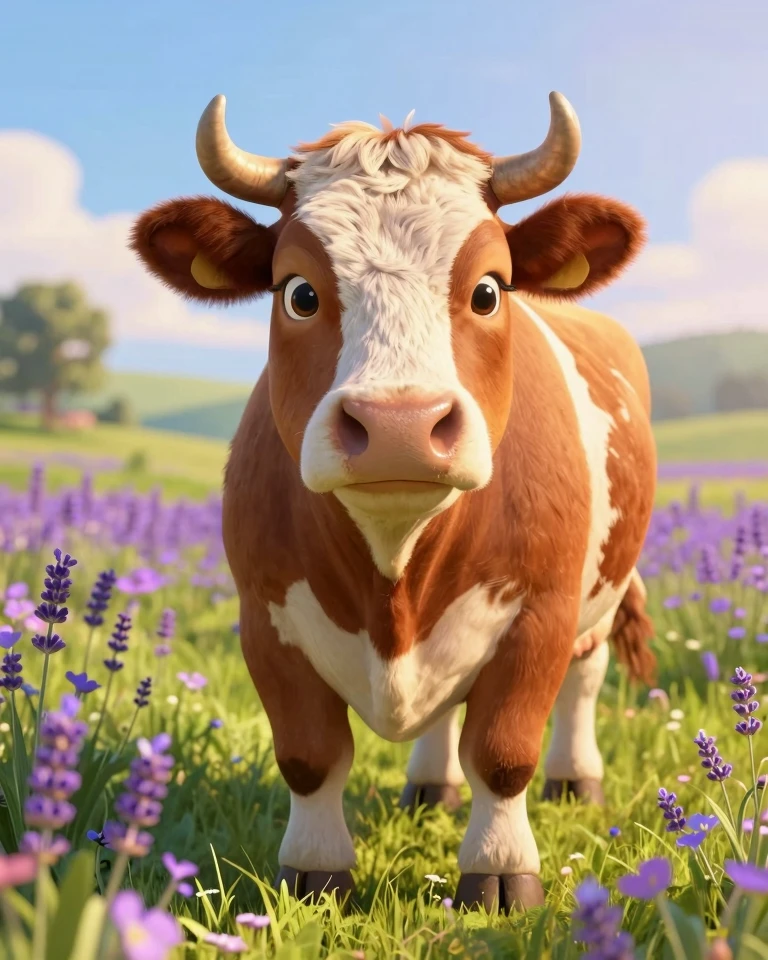 Serene Cow in a Sunlit Meadow: A Photorealistic 3D Rendering