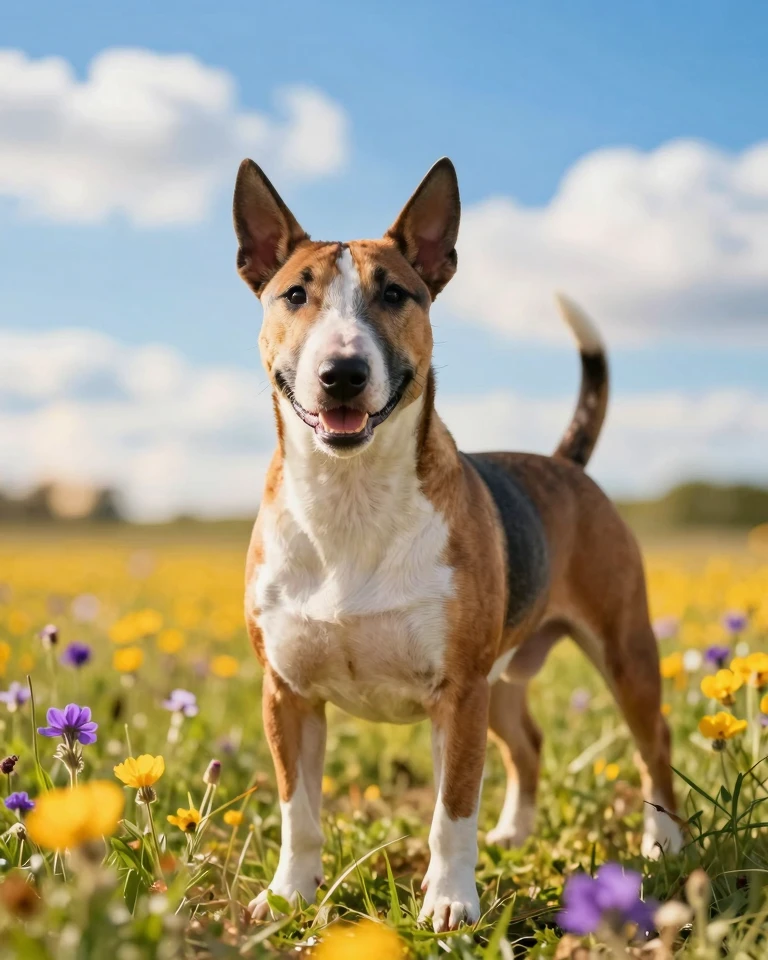 Sun-Kissed Joy: A Happy Bull Terrier in a Vibrant Summer Field