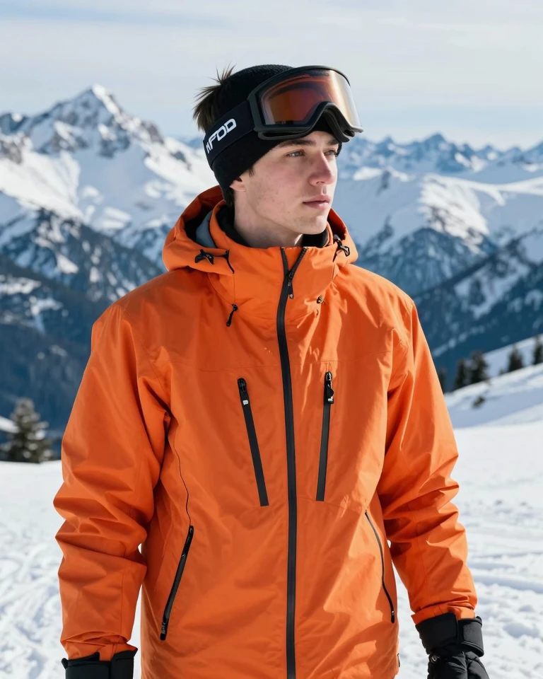 Snowy Mountain Adventure: Young Skier in Vibrant Orange