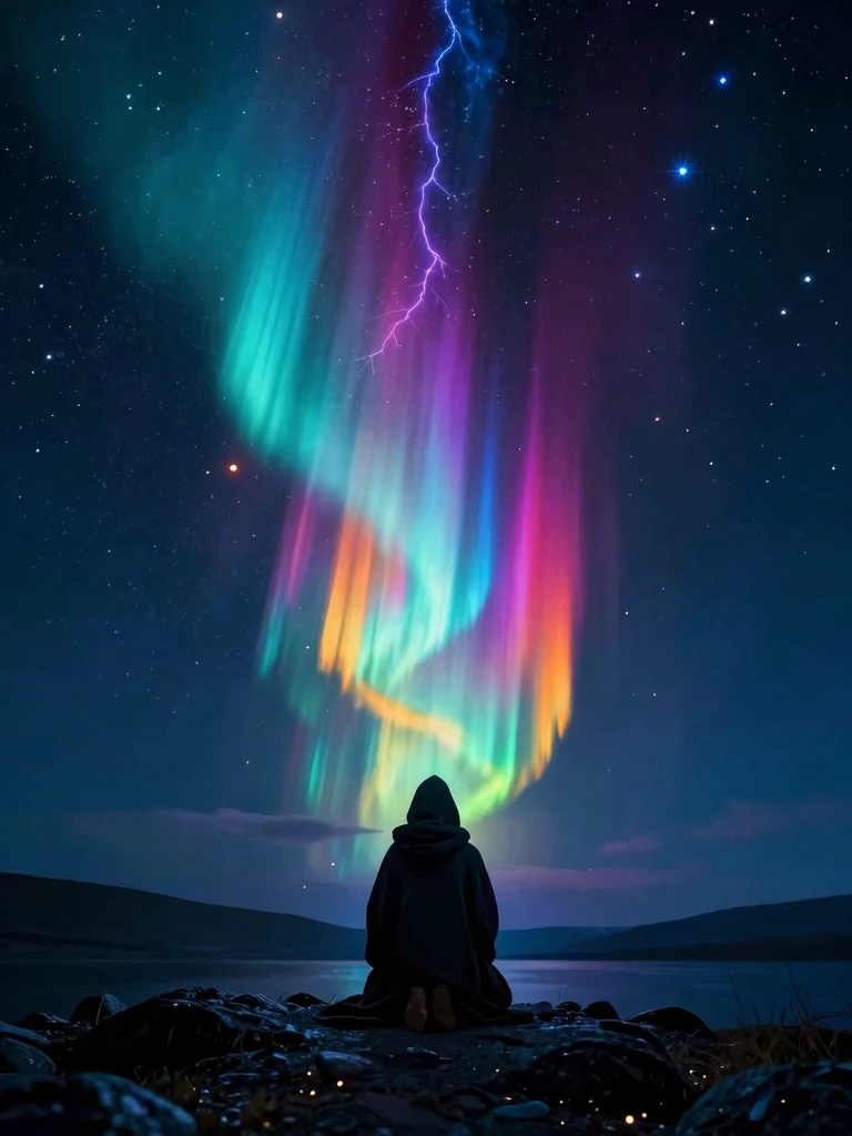 Cosmic Communion: A Hooded Figure Under the Aurora Lights