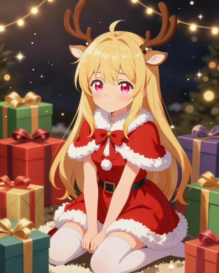 Blonde Reindeer Girl in Santa Outfit: A Festive Anime Portrait
