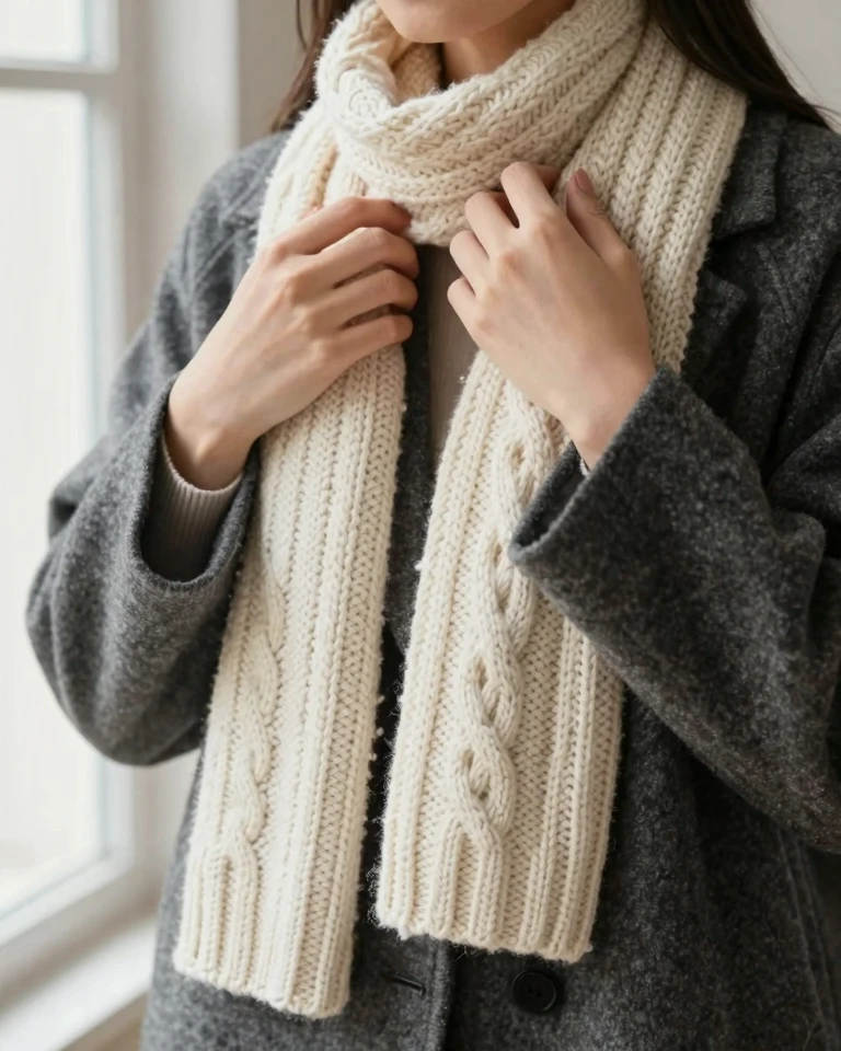 Cozy Winter Fashion: Cable-Knit Scarf and Charcoal Gray Coat Cozy Winter Fashion: Cable-Knit Scarf and Charcoal Gray Coat