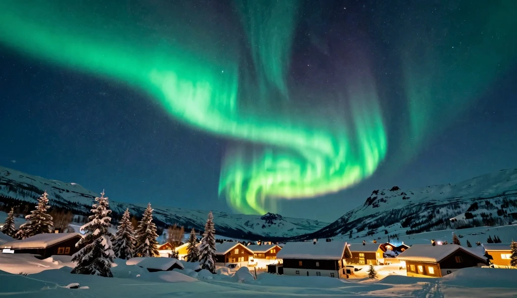 Aurora Borealis Over Snowy Alpine Village