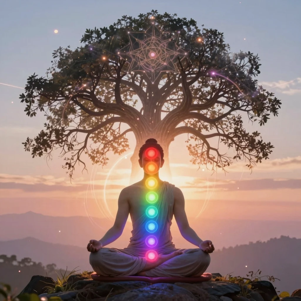 Vibrant Spiritual Awakening: Meditating Figure with Glowing Chakras