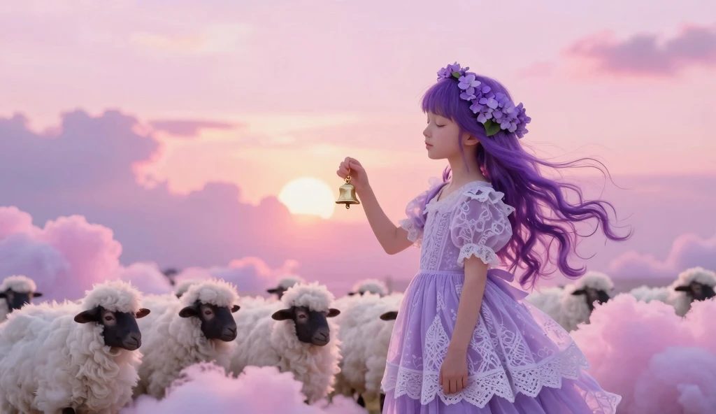Whimsical Fantasy Girl Herding Cloud-Sheep at Sunset Whimsical Fantasy Girl Herding Cloud-Sheep at Sunset