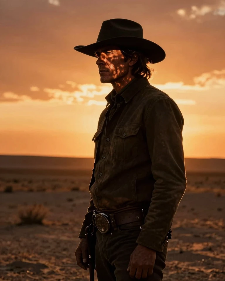 Mysterious Cowboy Silhouette at Sunset: A Cinematic Western Portrait