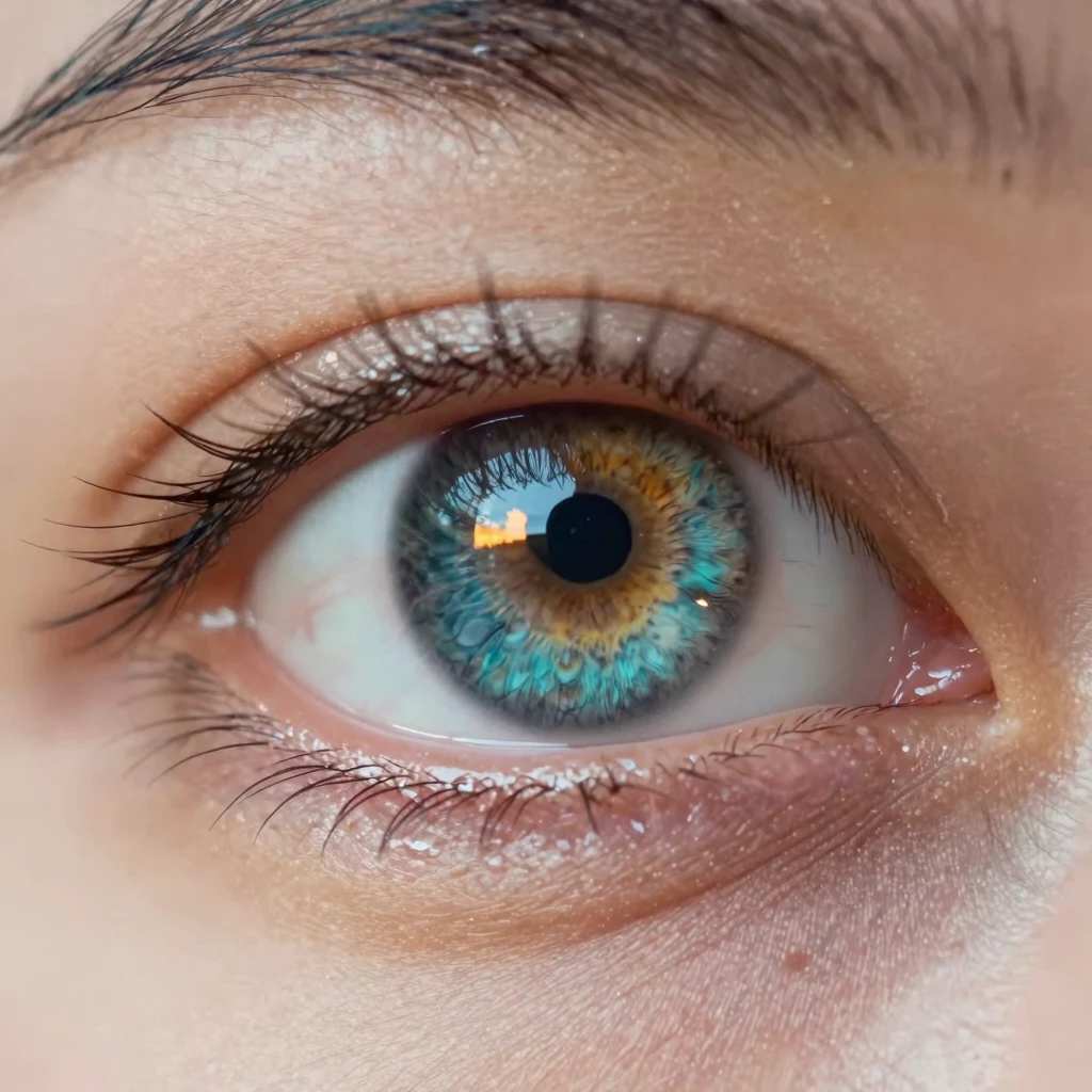 Vibrant Eye Macro Portrait with Sunset Reflection