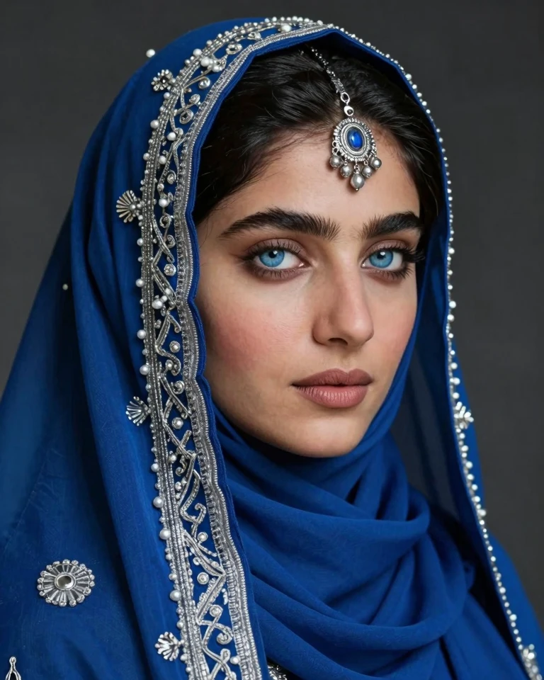 Exquisite Royal Portrait: Ice-Blue Eyes and Ornate Hijab