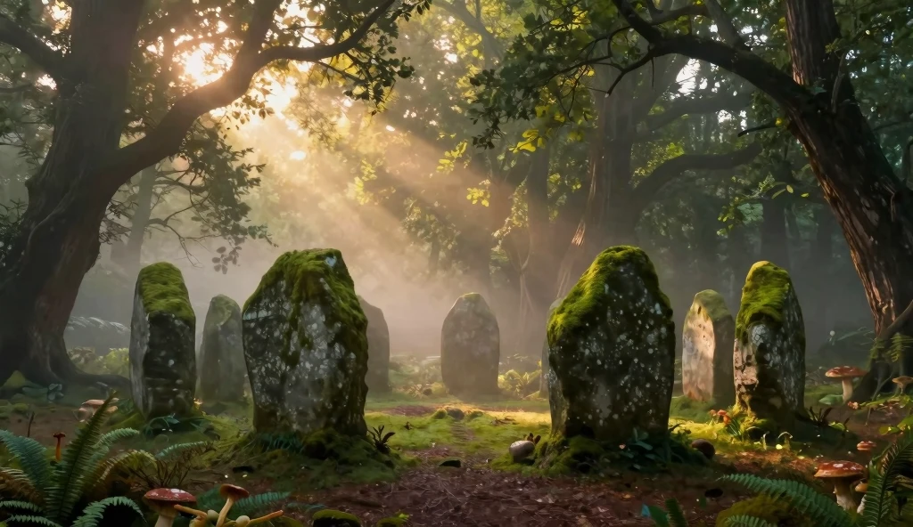 Mystical Forest Landscape at Dawn: Ancient Standing Stones in Morning Mist