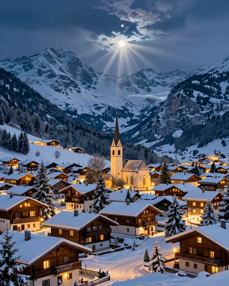 Winter Wonderland: Snow-Covered Alpine Village at Twilight