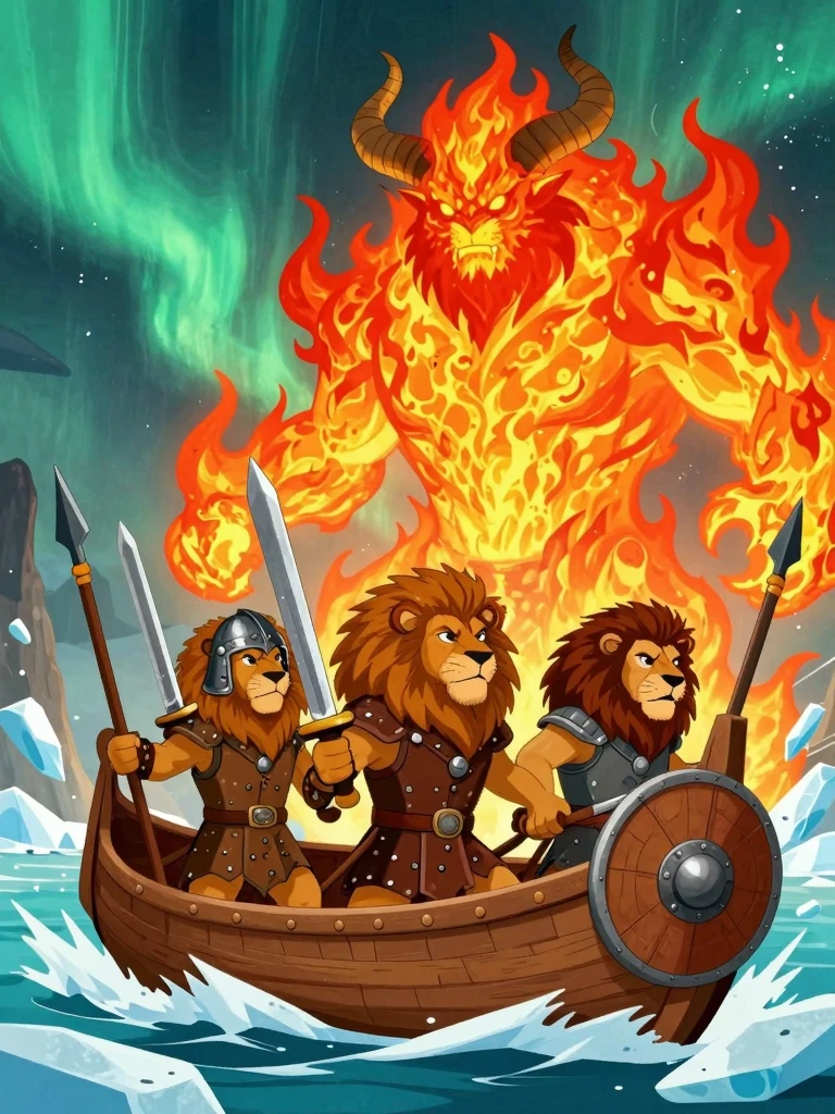 Lion Warriors Battle the Inferno Giant in a Frozen Fjord