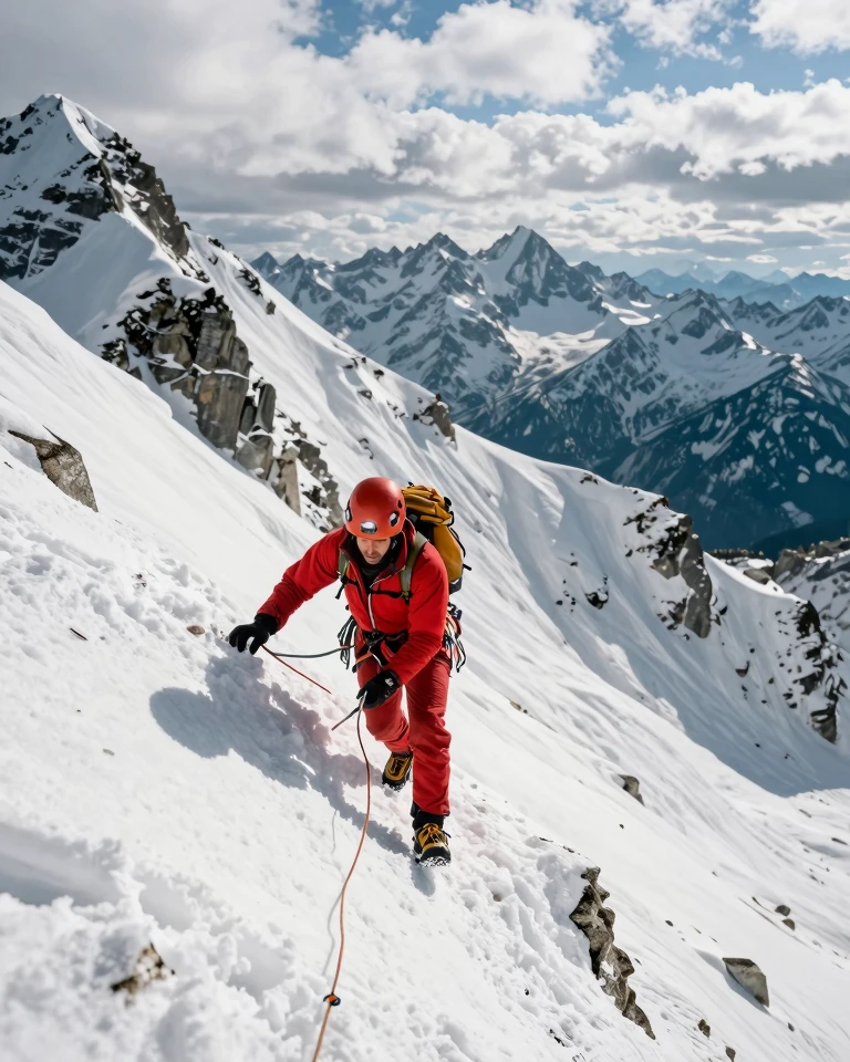 Daring Ascent: Mountaineer Conquers Treacherous Snowy Ridge