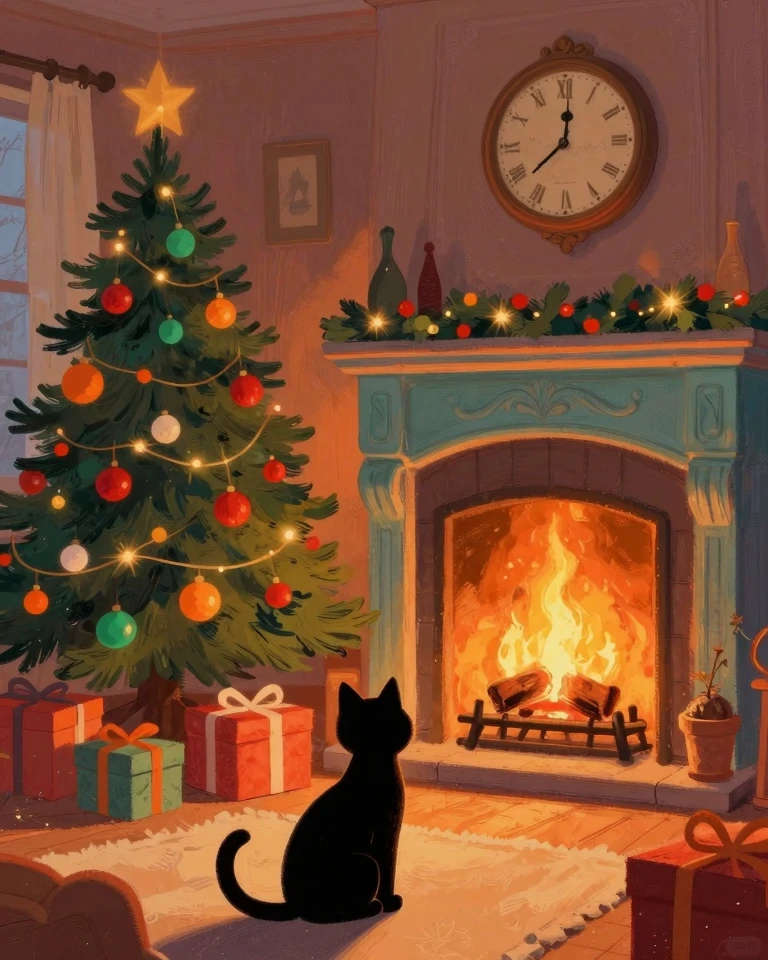 Cozy Christmas Interiorimsical Holiday Scene with Cat by the Fire