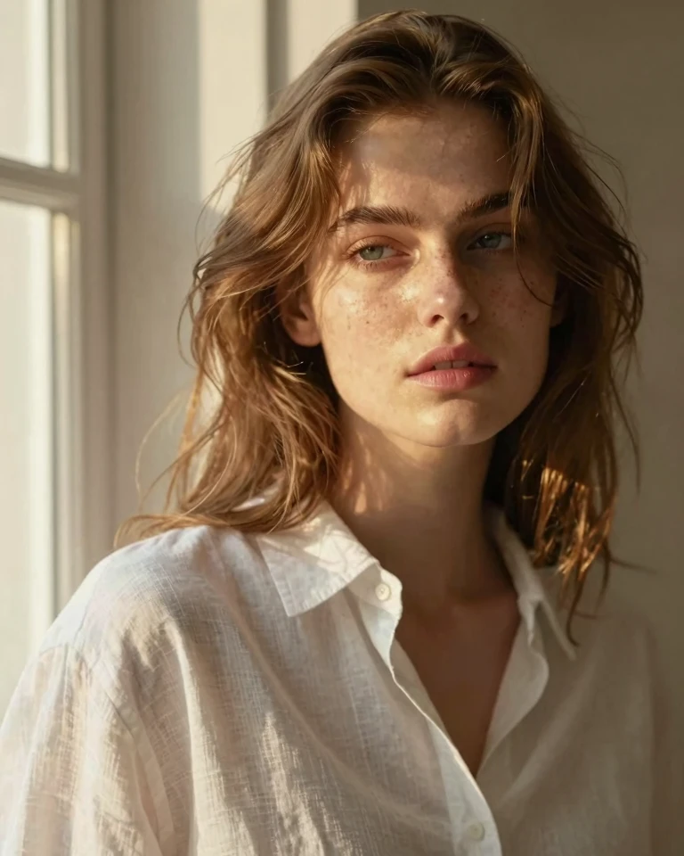 Cinematic Portrait of a Young Woman in Warm Golden Light