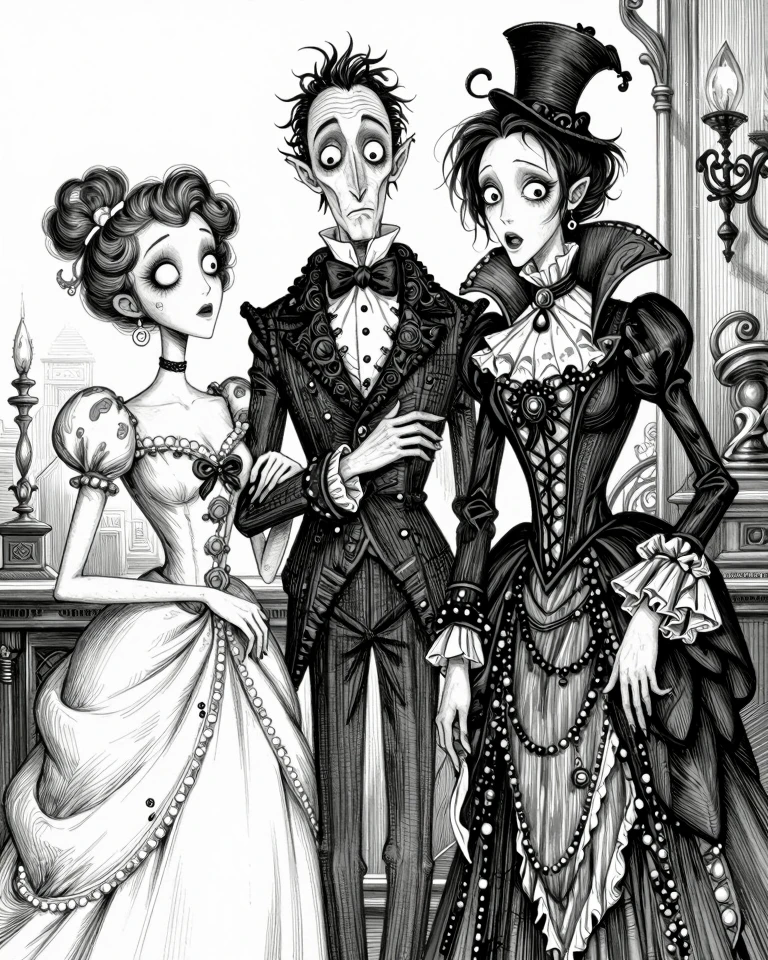 Dark Whimsy: A Gothic Art Fusion of Gorey, Burton, and Ito