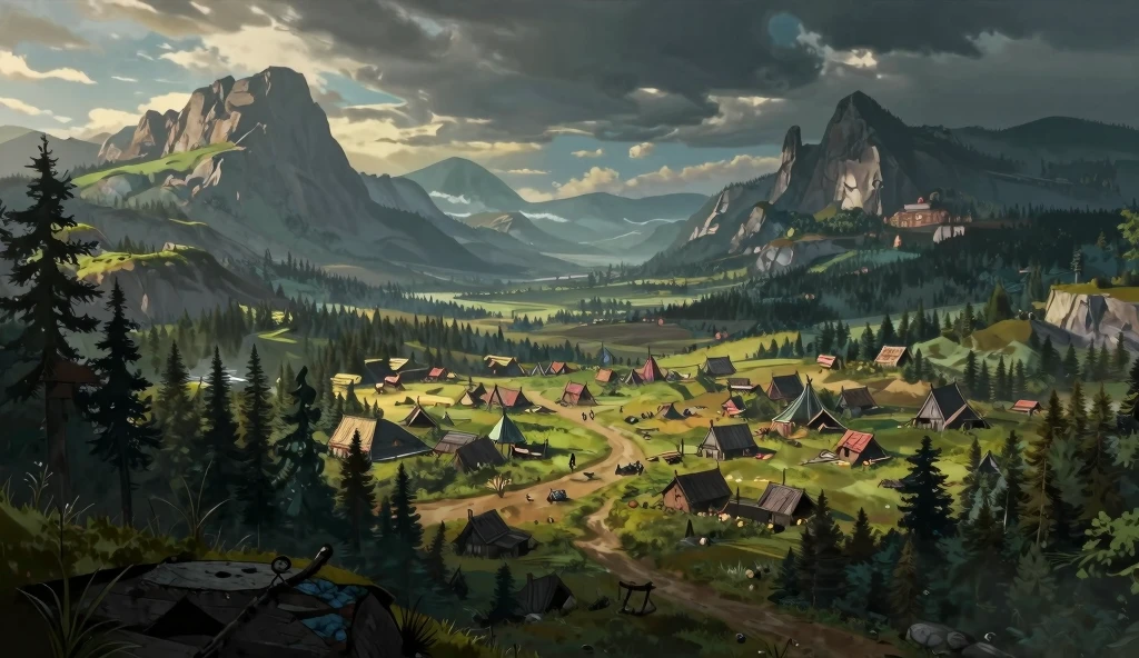 Epic Fantasy Landscape: Frontier Settlements Under Atmospheric Lighting