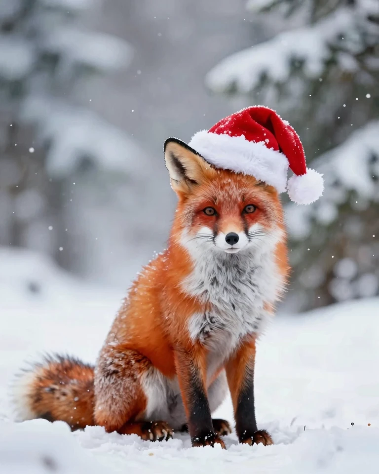 Whimsical Winter Fox in Santa Hat