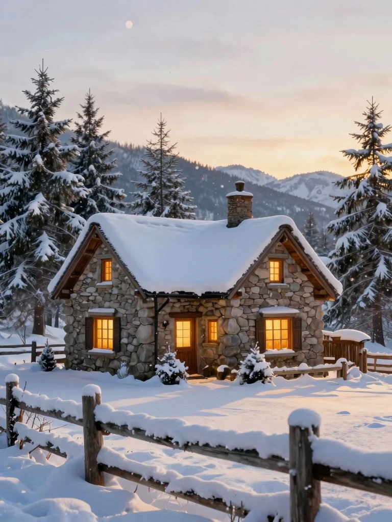 Serene Winter Cottage Scene in Snowy Mountains