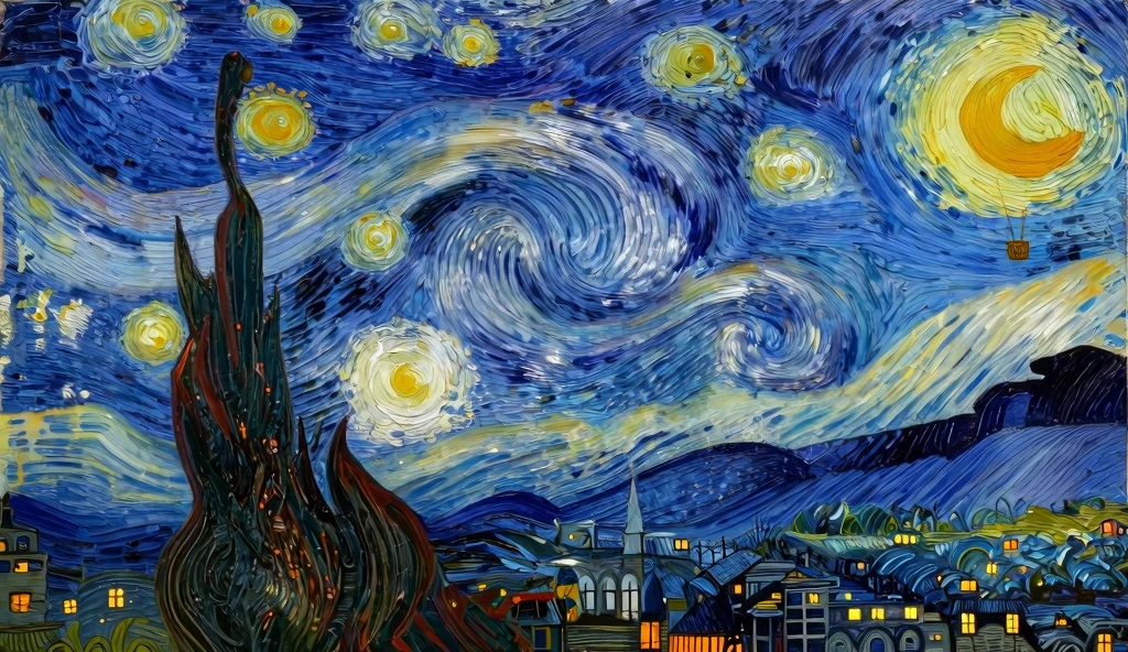 Van Gogh Inspired Cityscape: Whimsical Night Sky with Hot Air Balloons