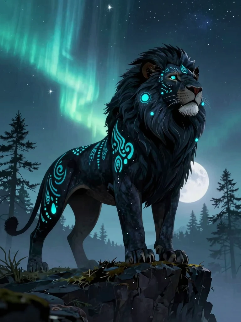 Majestic Fantasy Black Lion Under Northern Lights