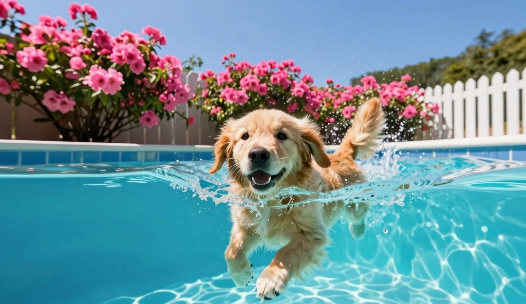 Golden Retriever Swimming in Turquoise Pool