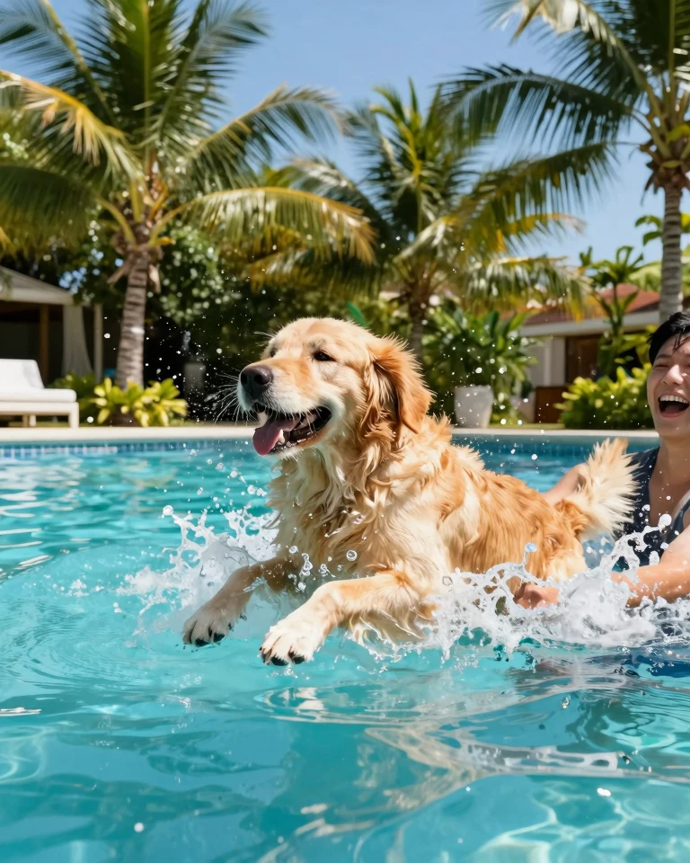 Summer Fun: Golden Retriever Splashing in Tropical Pool Summer Fun: Golden Retriever Splashing in Tropical Pool