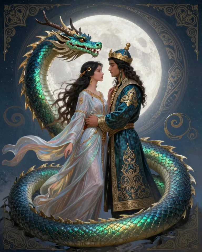 Turkic Mythology Inspirations: Ay Yildiz and Ay Ata in Ethereal Embrace
