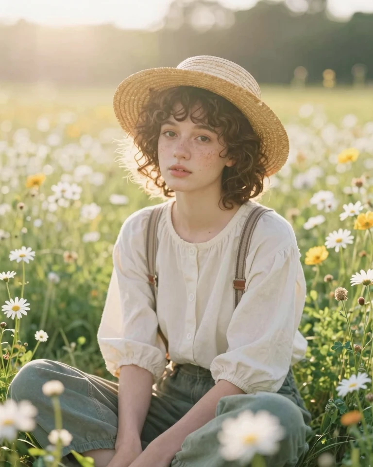 Whimsical Cottagecore Portrait: Young Person in Wildflower Meadow
