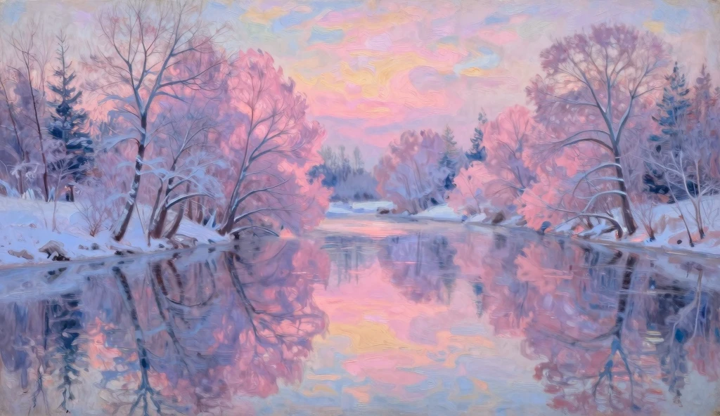 Serene Winter Landscape Reflections in Soft Pastel Hues