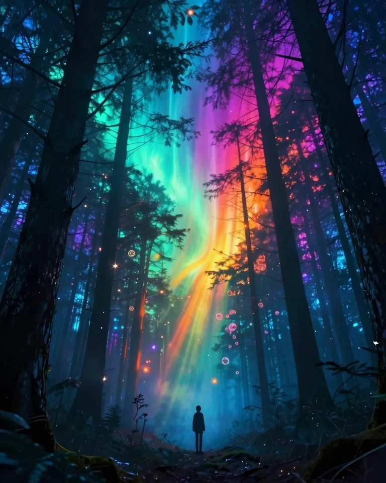 Enchanted Winter Forest: Magical Rainbow Light Streams