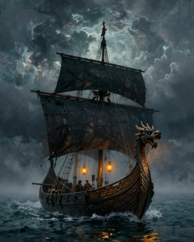 Viking Longship Sails into Twilight Storm