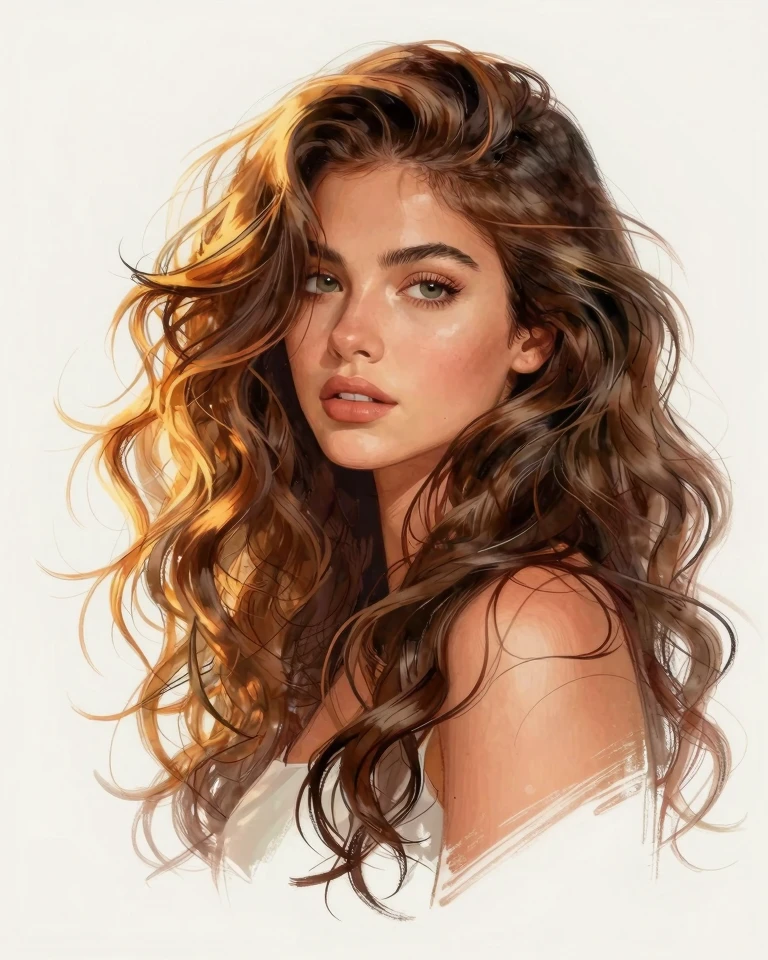 Vibrant Portrait of a Young Woman with Cascading Hair