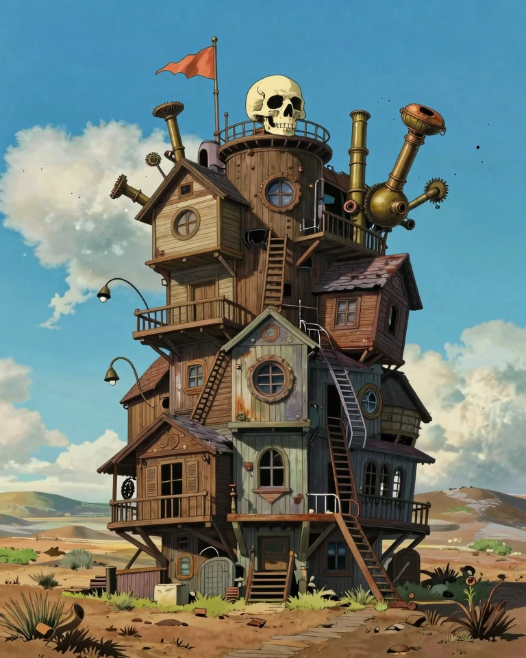 Whimsical Steampunk Tower in a Desert Landscape
