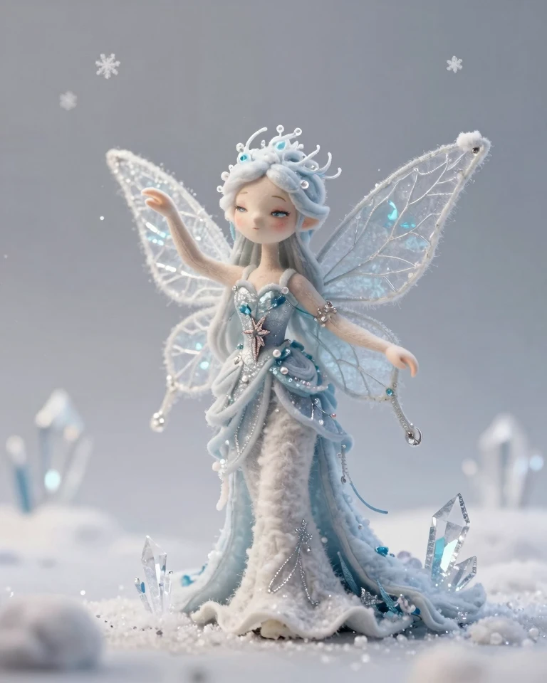 Ethereal Winter Spirit: Handcrafted Ice Fairy with Delicate Textile Details