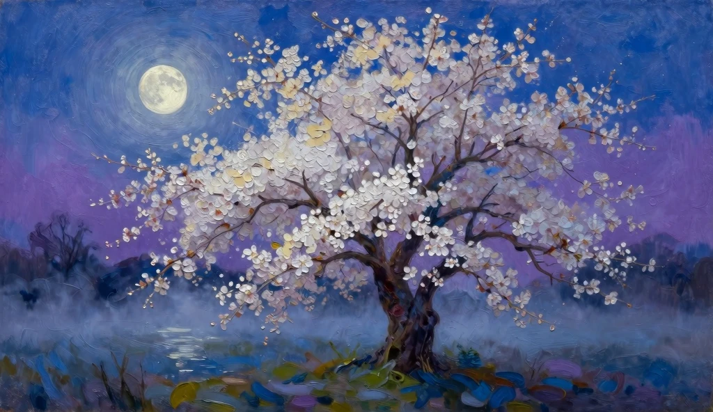 Majestic Nocturnal Cherry Blossom Landscape Painting Majestic Nocturnal Cherry Blossom Landscape Painting
