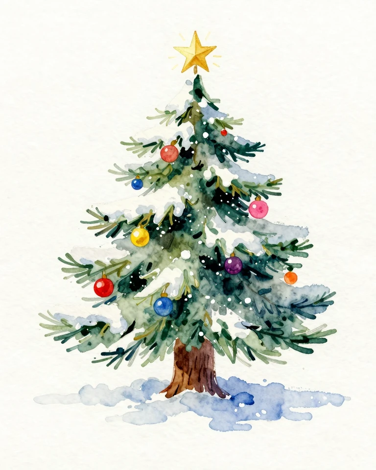 Snow-Frosted Christmas Tree Watercolor Painting