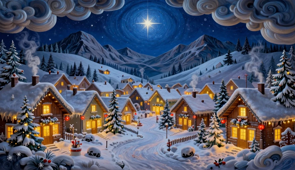 Magical Snow Covered Village at Night with Warmth and Wonder
