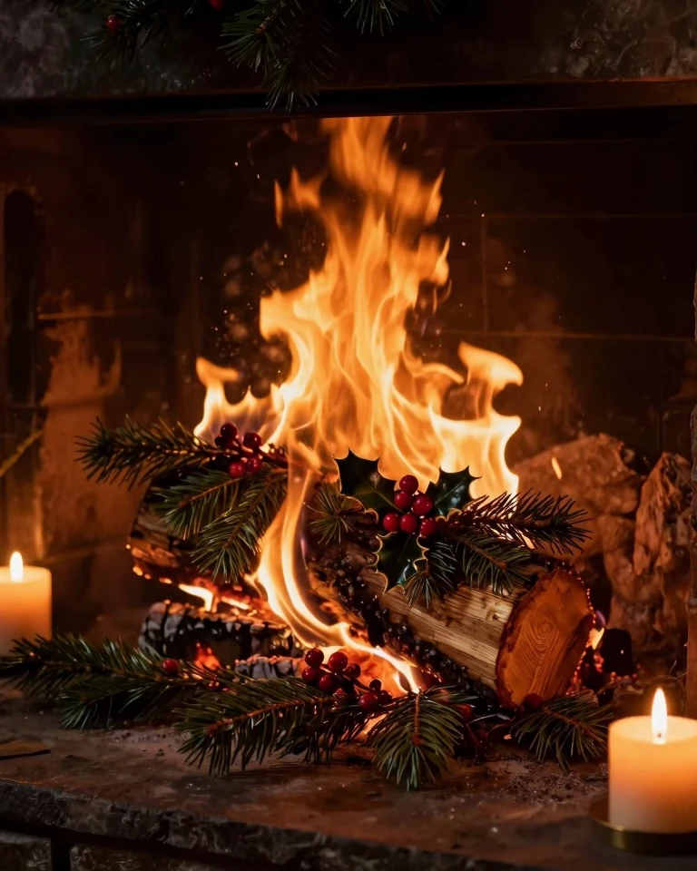 Warmth of Winter: A Dramatic Yule Log Fireplace Scene Warmth of Winter: A Dramatic Yule Log Fireplace Scene