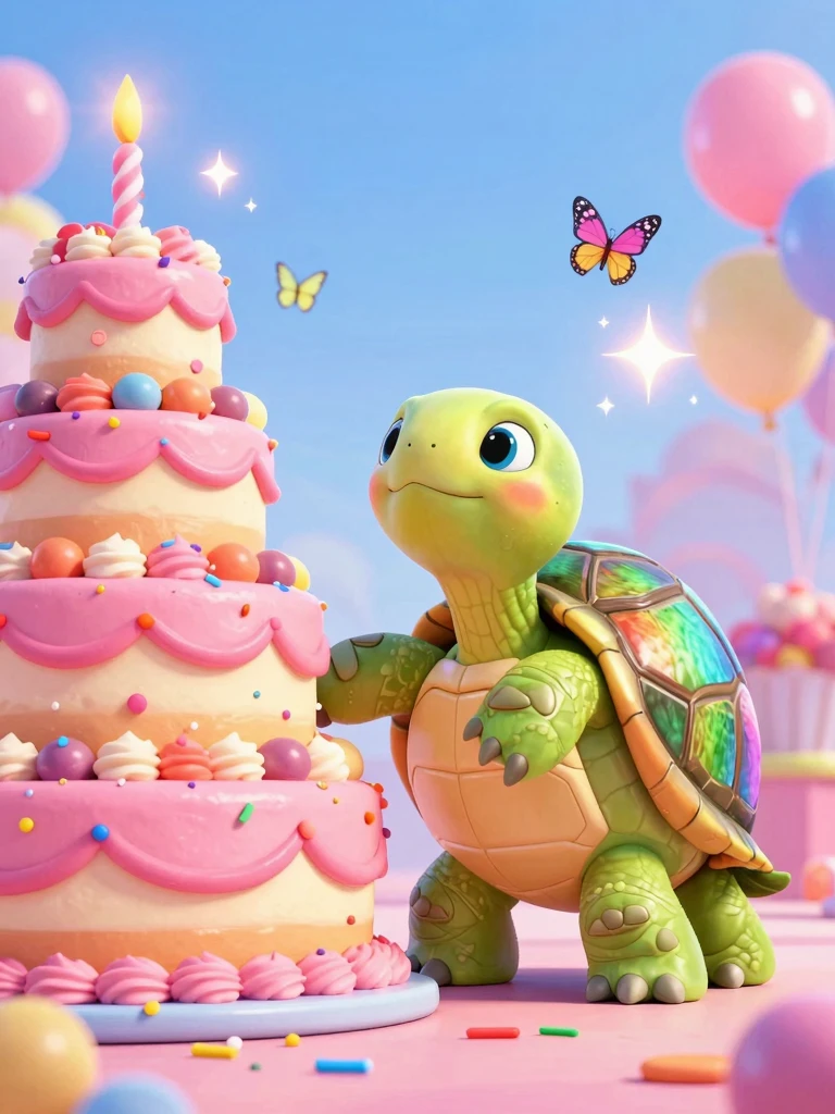 Vibrant Fantasy Tortoise Celebrates Birthday in Whimsical Wonderland