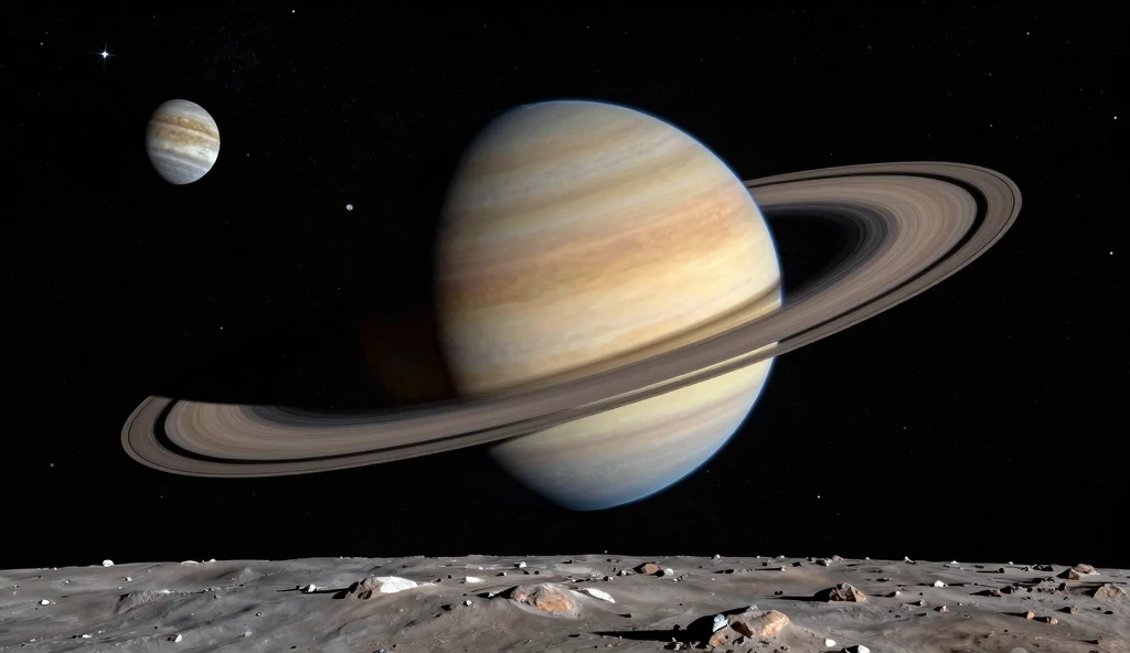 Dramatic Photorealistic Space Scene: Ringed Planet Over Moon Landscape