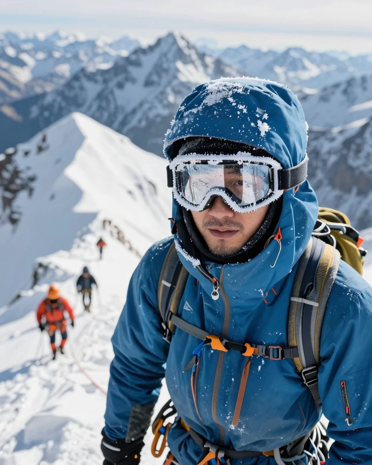 Frosty Ascent: A Mountaineer's Peak Moment